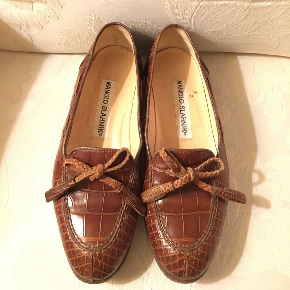 Manolo Blahnik Brown Croc-Embossed Loafers